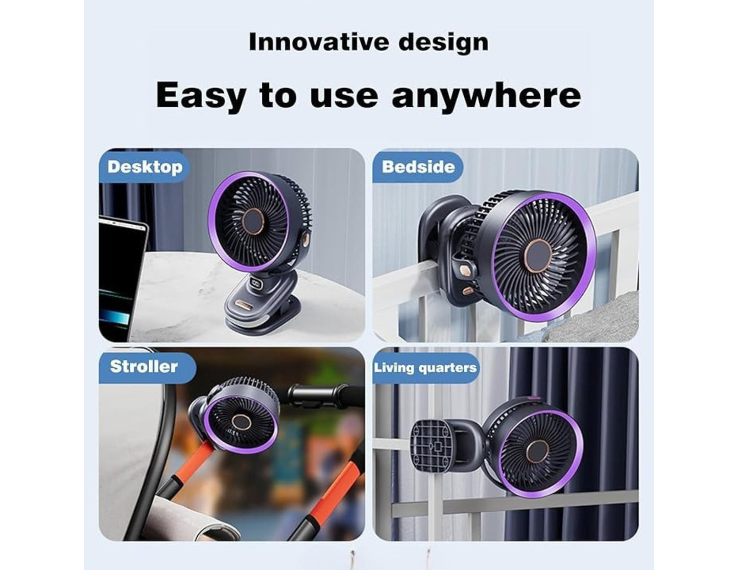 Innovative design of a portable fan with usage scenarios on a white background.