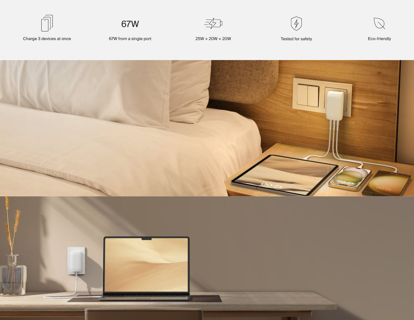 Belkin BoostCharge 3-Port USB-C® Wall Charger with PPS 67W + USB-C Cable – WCC002my2MWH-B6 on a nightstand connected with power outlet and laptop in the background