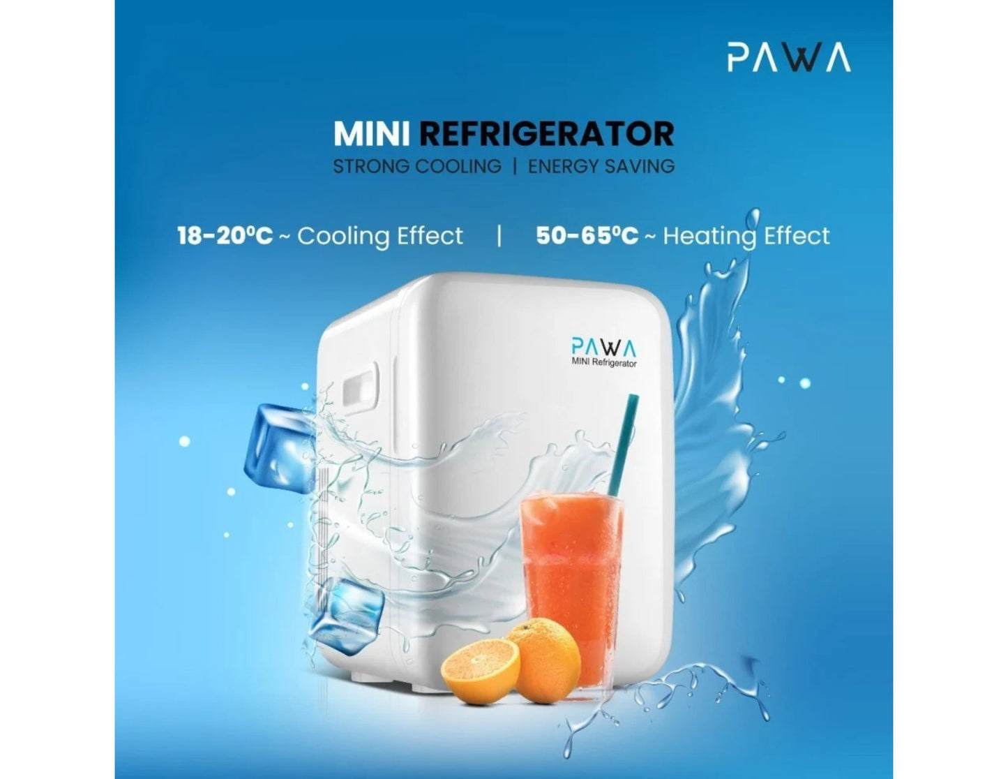 PAWA Mini Refrigerator 10L PW10LMR-WH with cooling and heating effects on a blue background