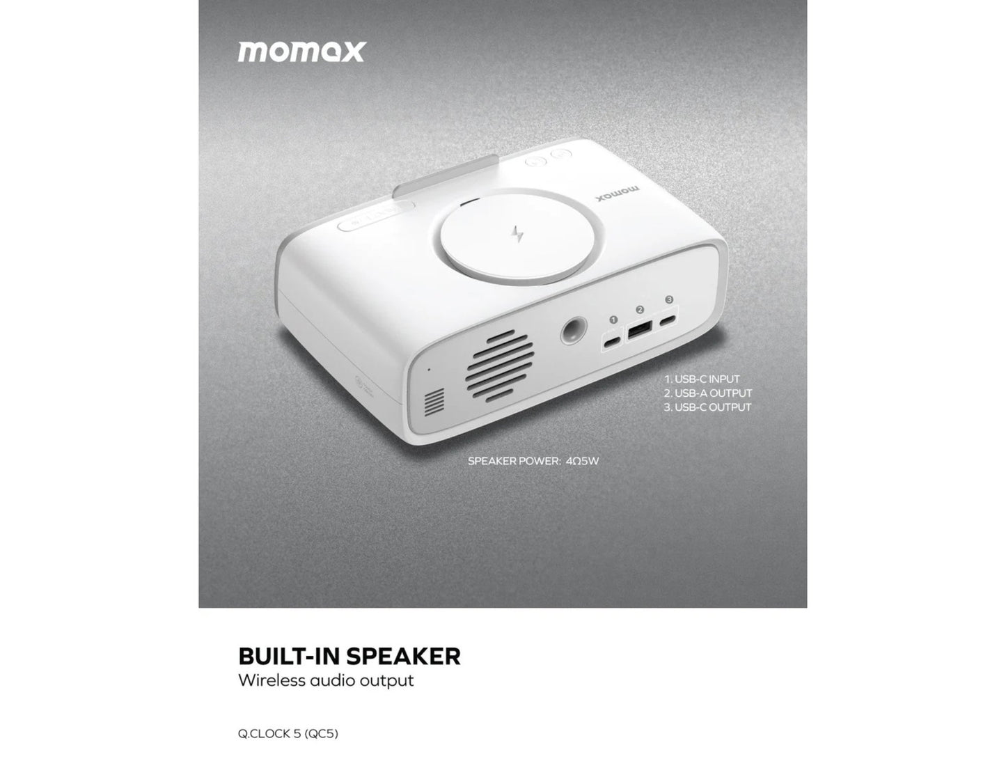 White Momax Q.Clock5 Digital Alarm Clock with Wireless Charging – QC5W with 'momax' branding on a gray background