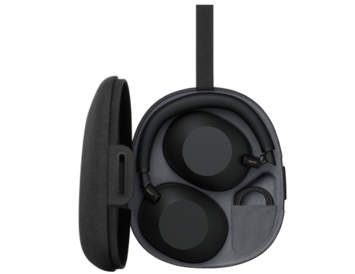 Sony WH-1000XM6 Wireless Noise Canceling Headphones – Black in a carrying case on a white background