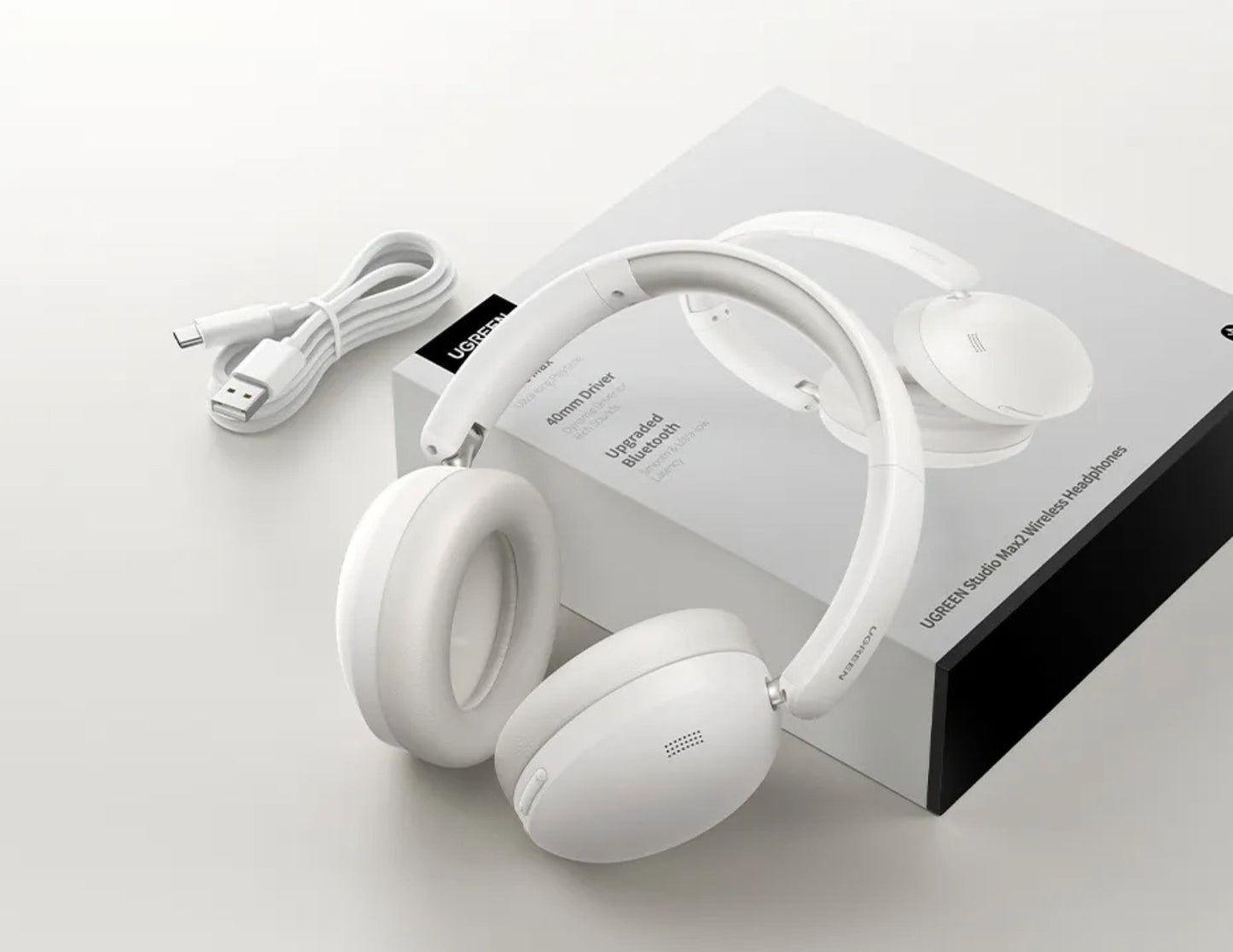 White UGREEN Studio Max2 Wireless Headphones HP205 (45018) with a cable on a white background