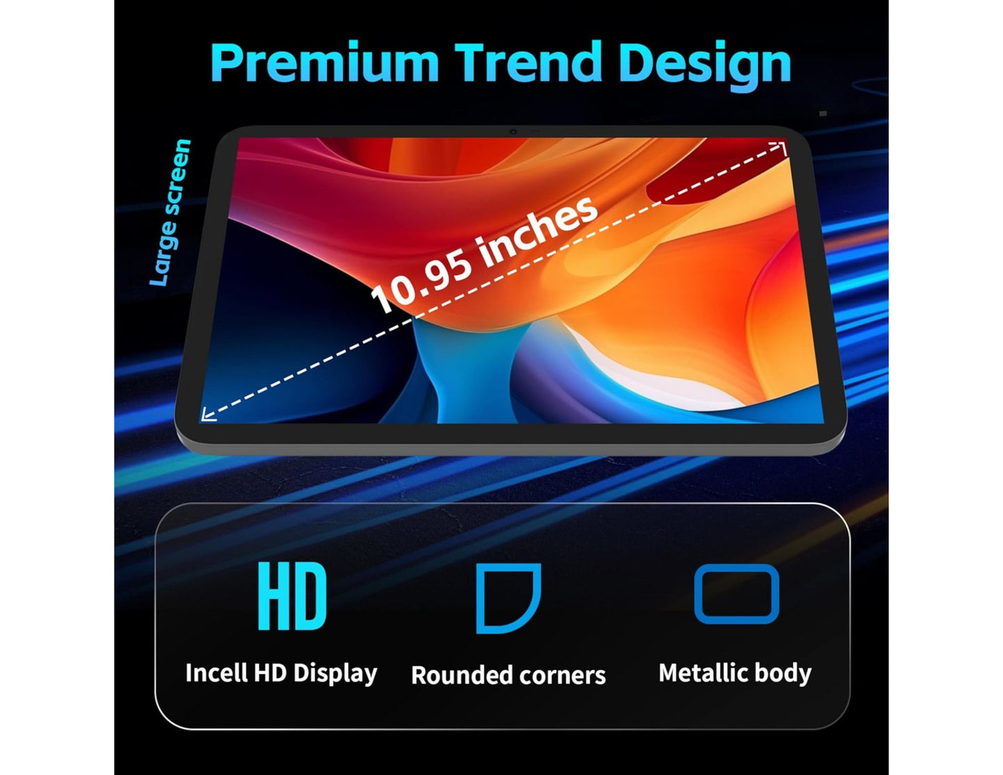 Tablet with 10.95-inch screen displaying 'Premium Trend Design' on a dark background.