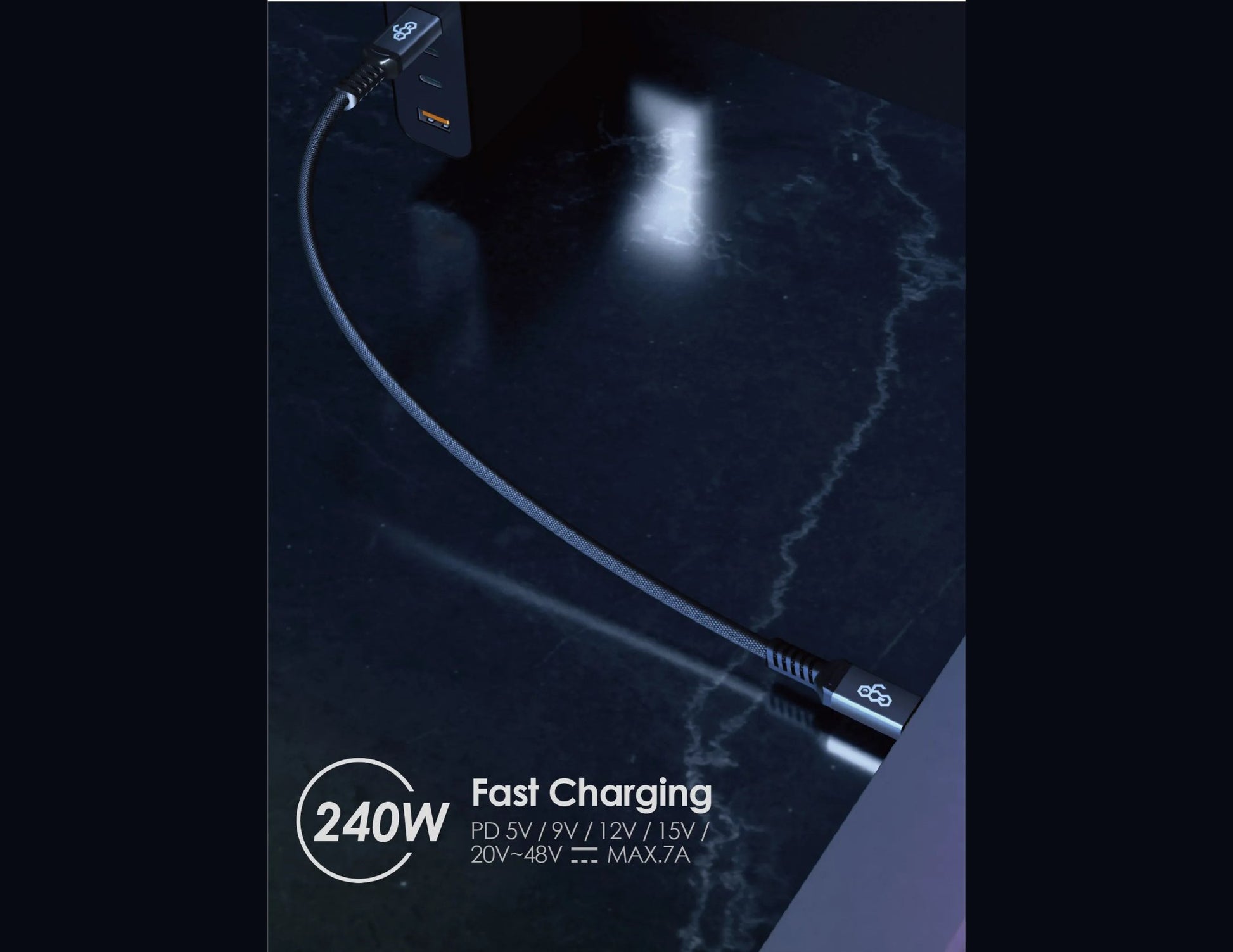 Fast charging cable with lightning bolt graphic on a dark background