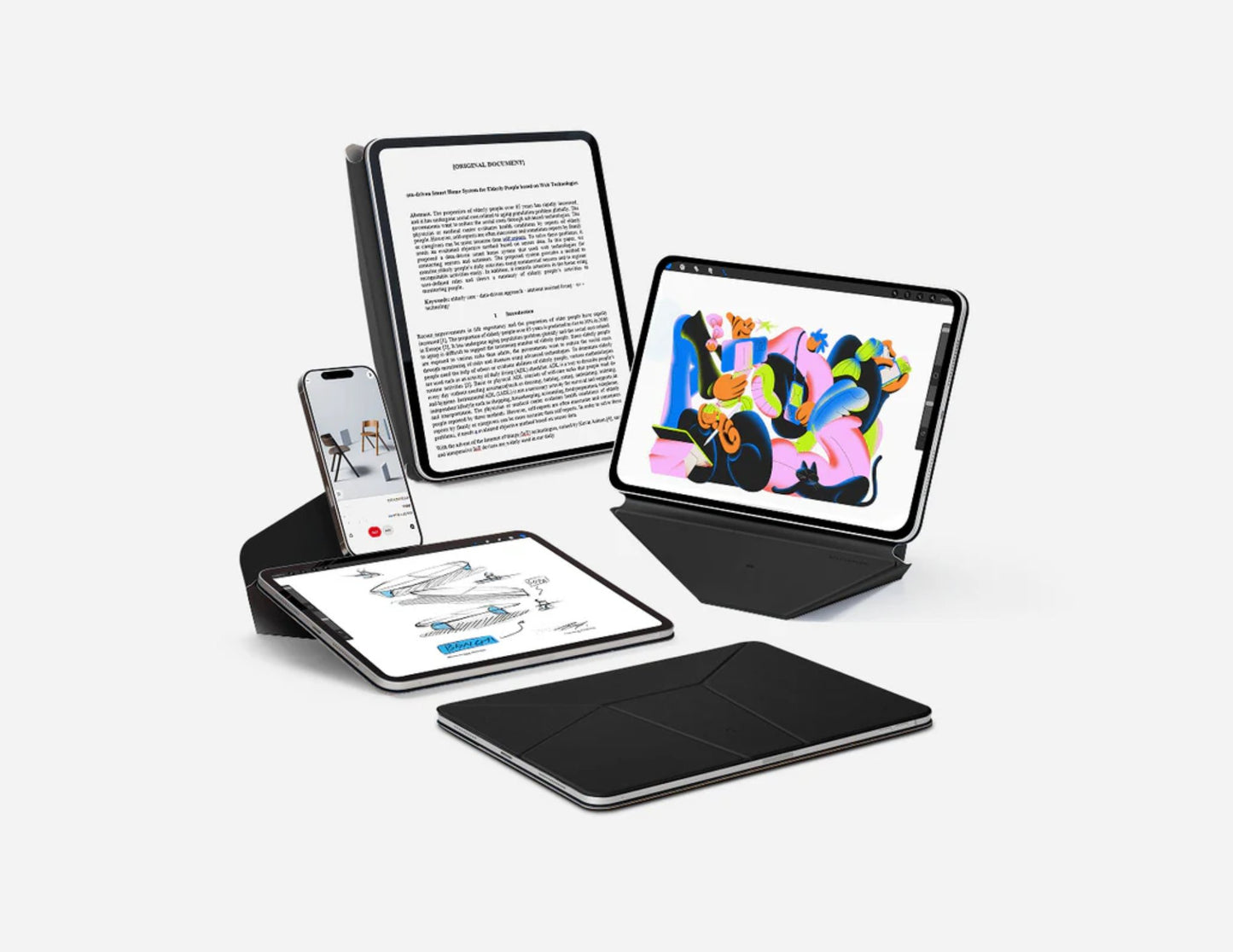 Multiple electronic devices including a tablet, smartphone, and e-reader with Moft Dynamic Folio Case for iPad Pro 12.9 (4–6th Gen) / iPad Air 13 (M2, M3) on a white background