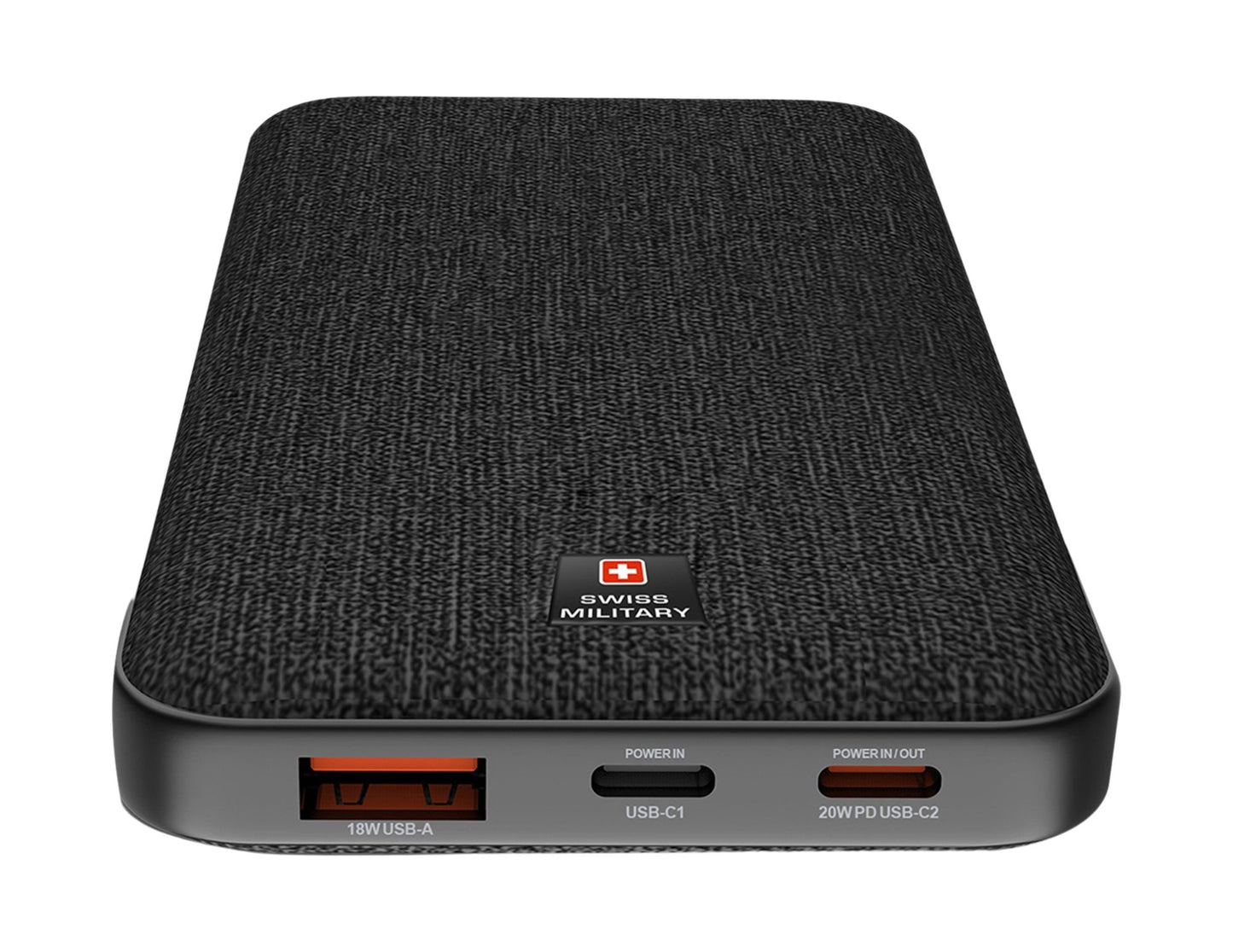 Black textured power bank with Swiss Military logo on a white background