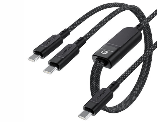 Black multi-port cable with USB connectors on a white background