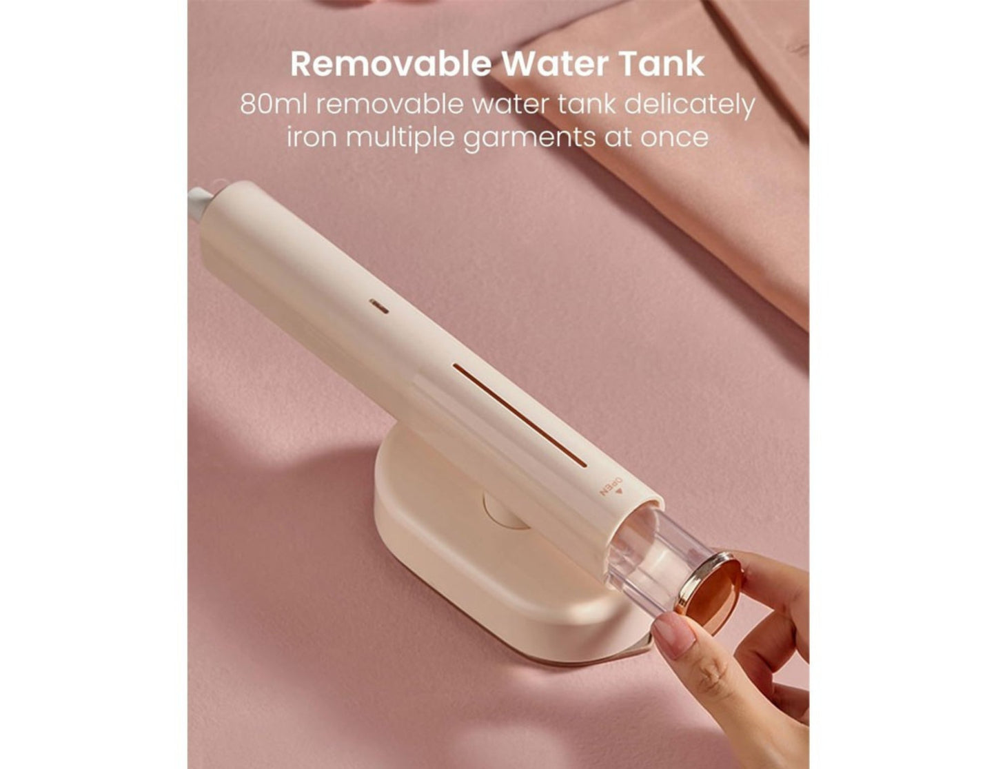 Moxedo 2-in-1 Dynamic Steam Flat Iron MX-DF1011 with detachable water tank on a pink fabric background