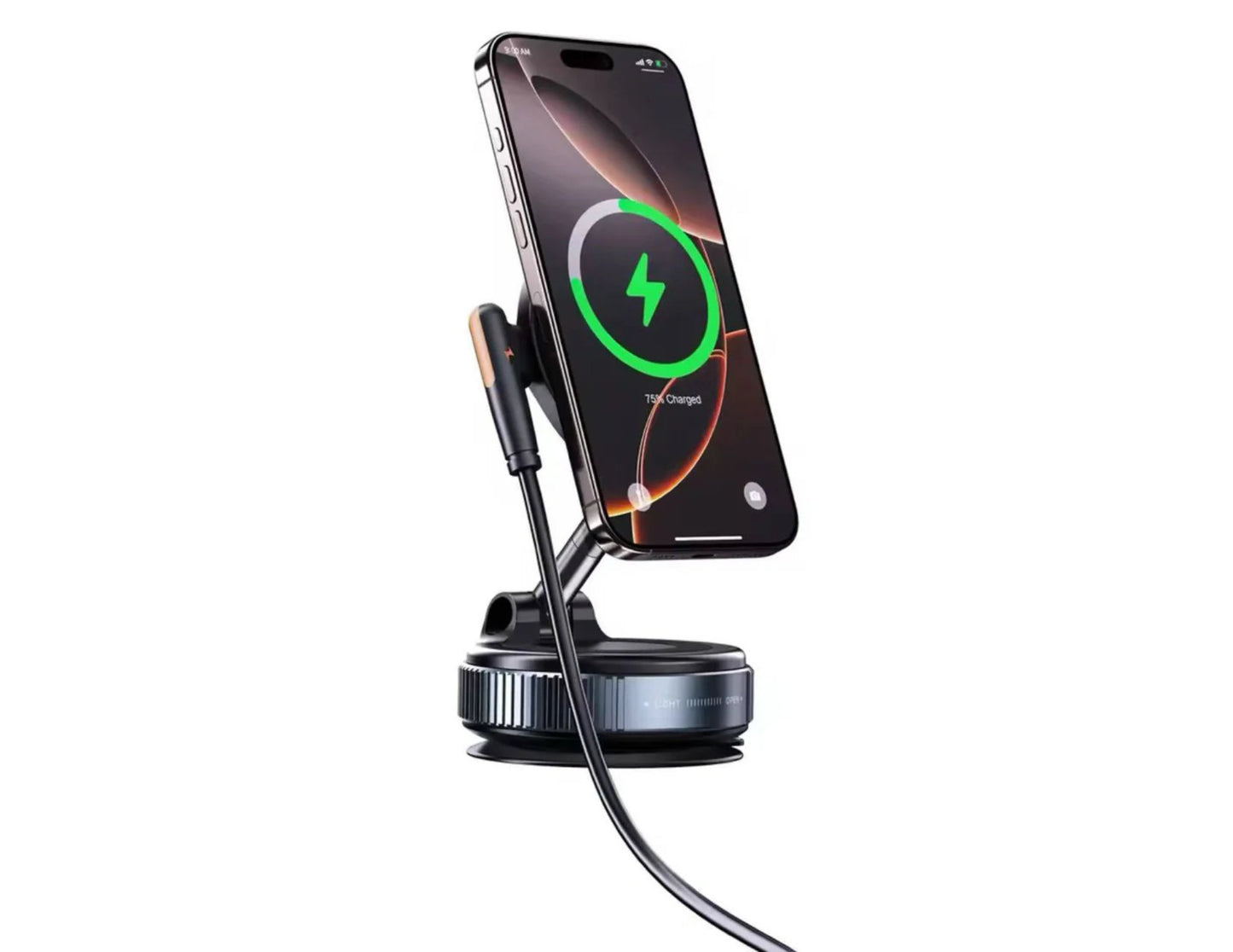 A smartphone mounted on a black wireless charging bracket with a 360 rotatable car mount.