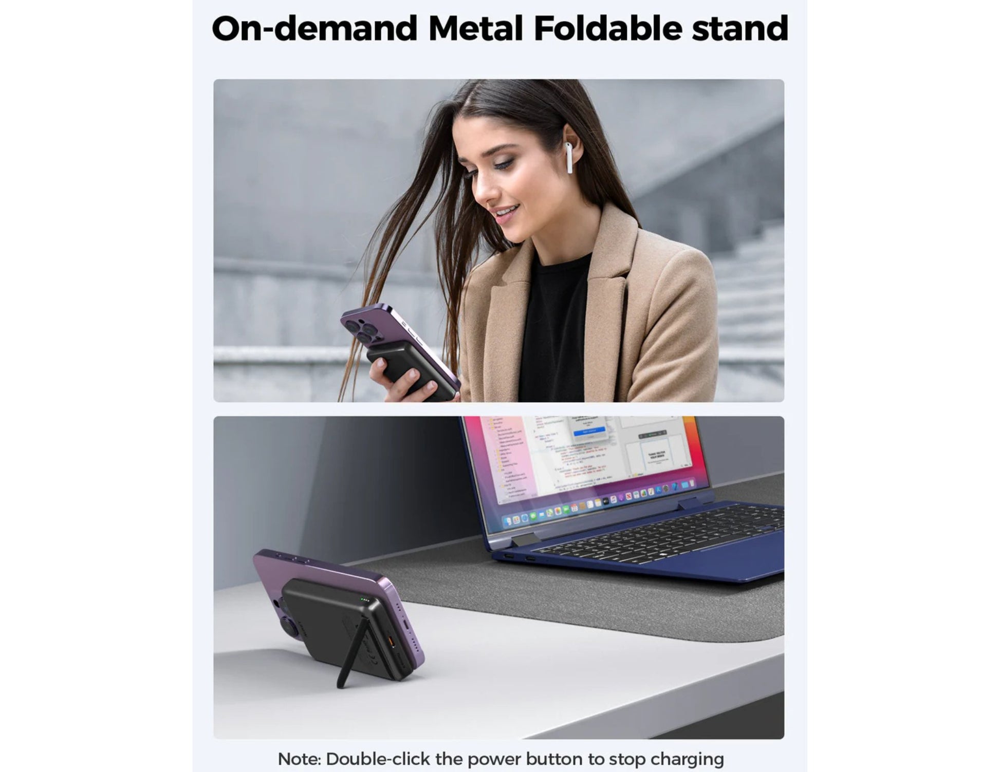 Woman using a metal foldable stand with a phone and laptop on a desk.