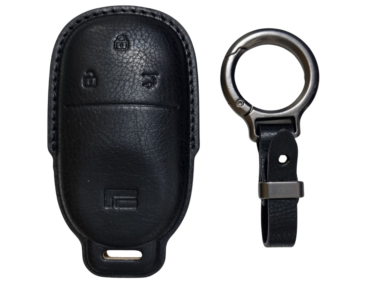 Black Car Key Cover for Rox 01 – Alcantara or Leather with keychain on a white background