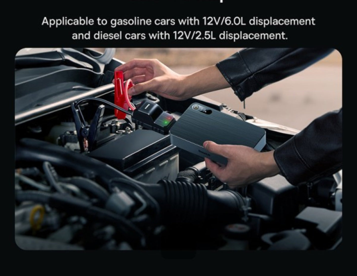 Person working on a car battery with text about compatibility.