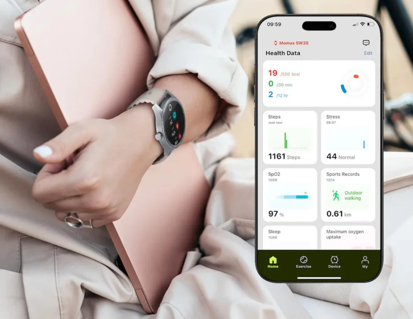Smartwatch on a wrist with a phone displaying health data app