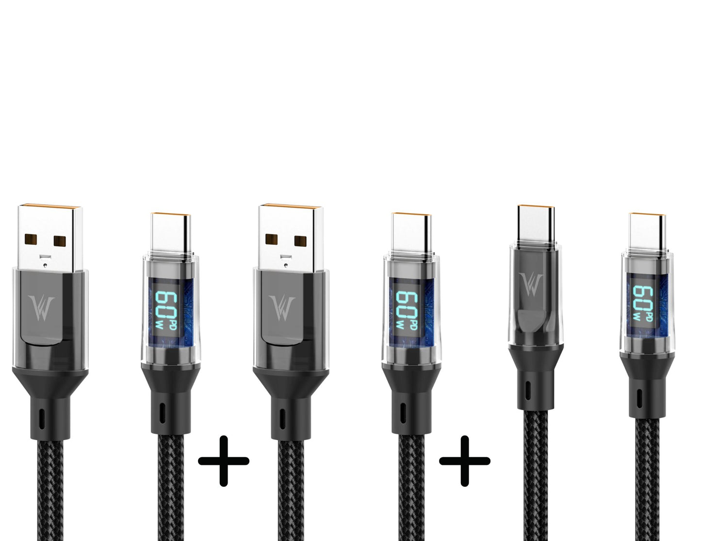 Set of USB cables with digital displays on a white background