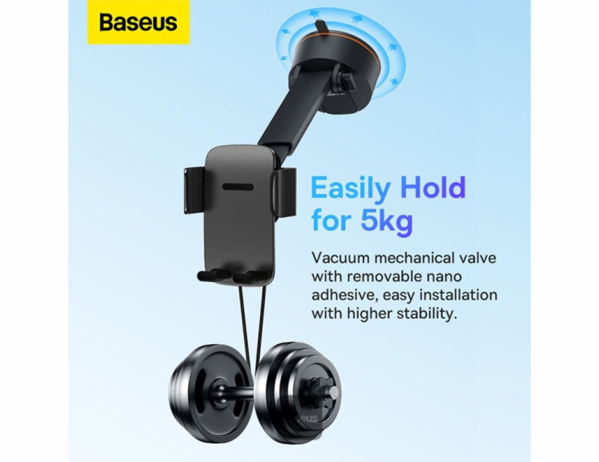 Car phone holder with Baseus branding on a light blue background