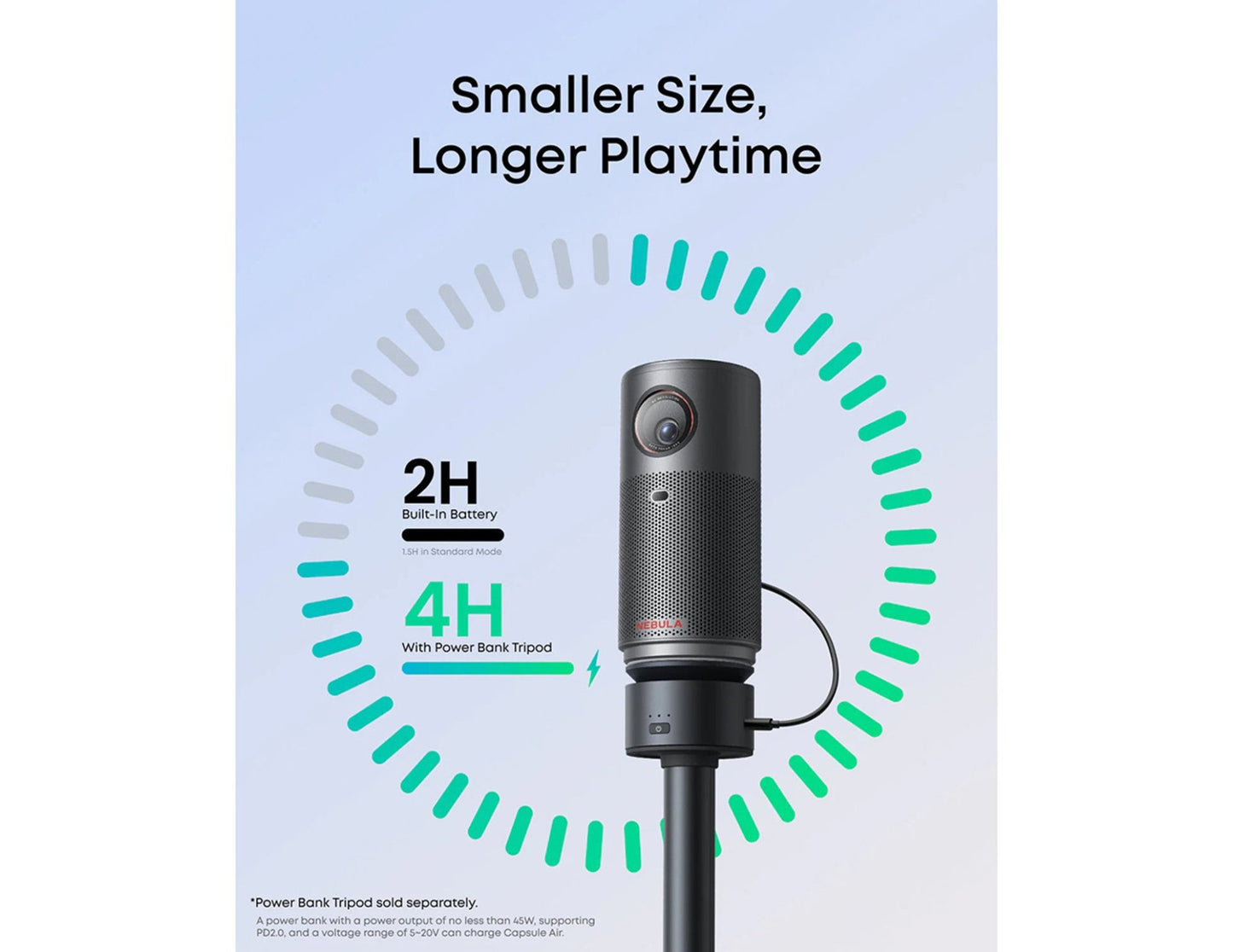 Anker Nebula Capsule Air (D4112211) HD Portable Projector on a stand with battery life indicator on a light blue background