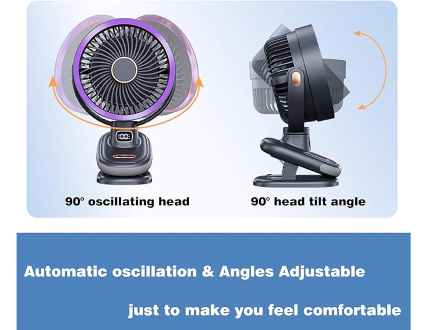 Two portable fans with adjustable features on a blue background