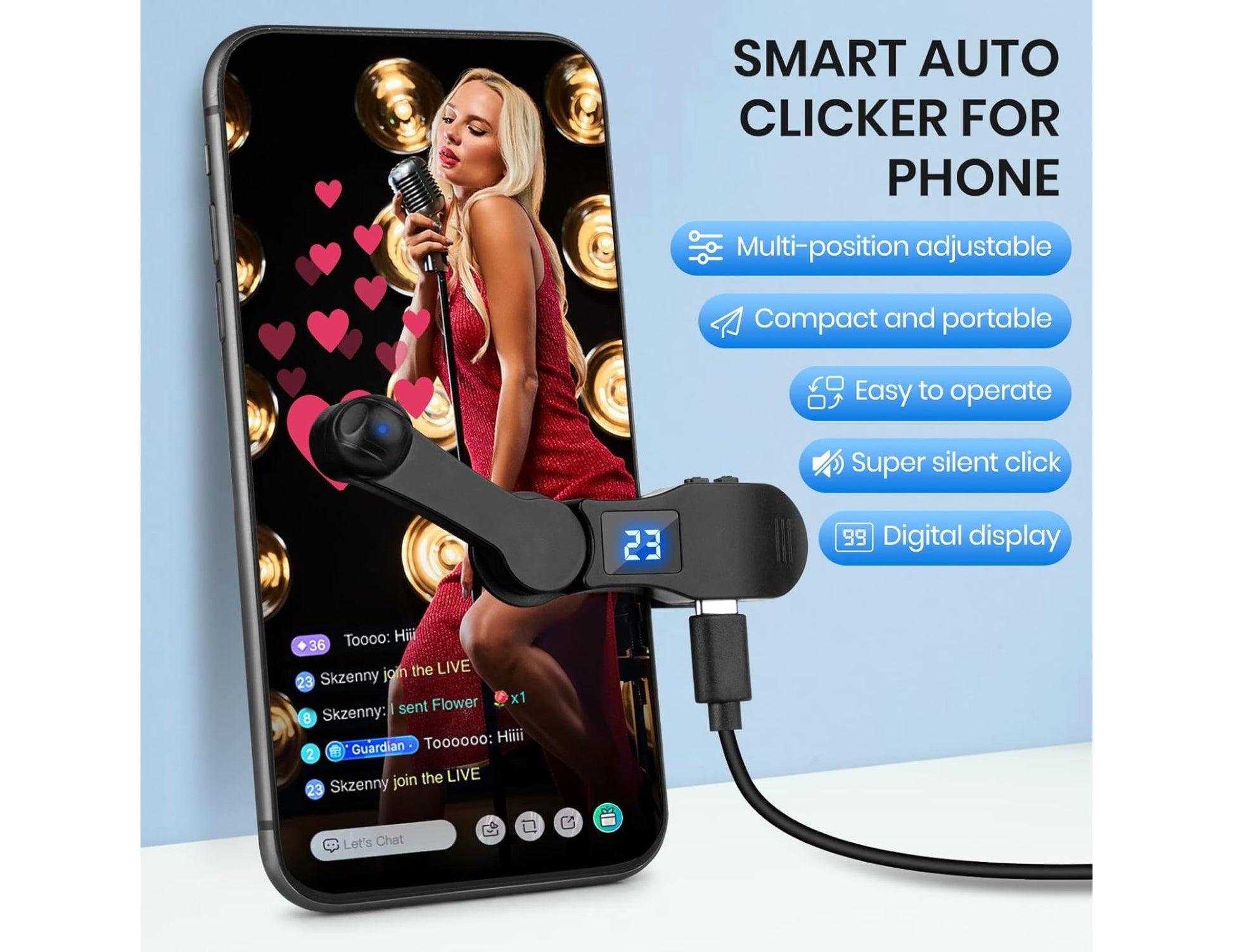 Smart auto clicker for phone with digital display and features listed on a blue background