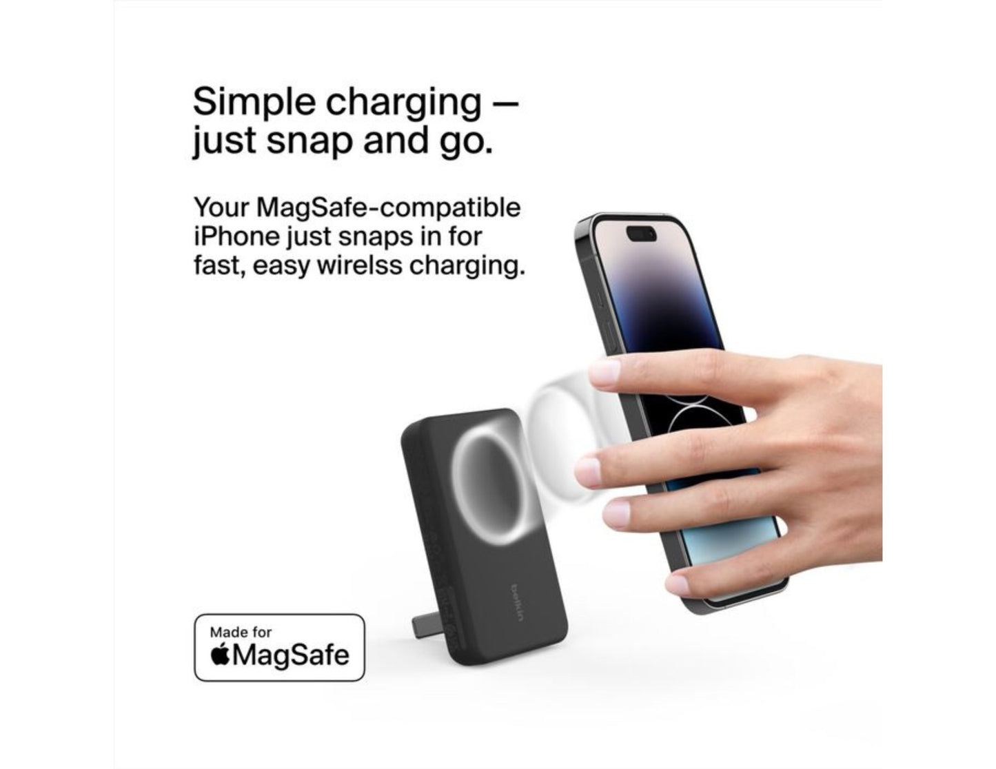 MagSafe-compatible phone being charged on a Belkin BoostCharge Magnetic Wireless Power Bank 5000mAh with Fold-out Stand – BPD004btBK – Black with text 'Simple charging - just snap and go.'