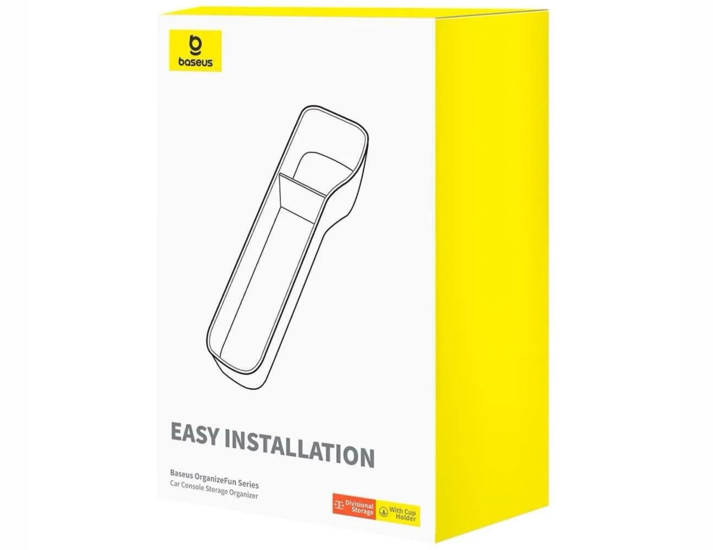 Baseus OrganizeFun Series Car Console Storage Organizer packaging with yellow side and white front, featuring an outline of the product.