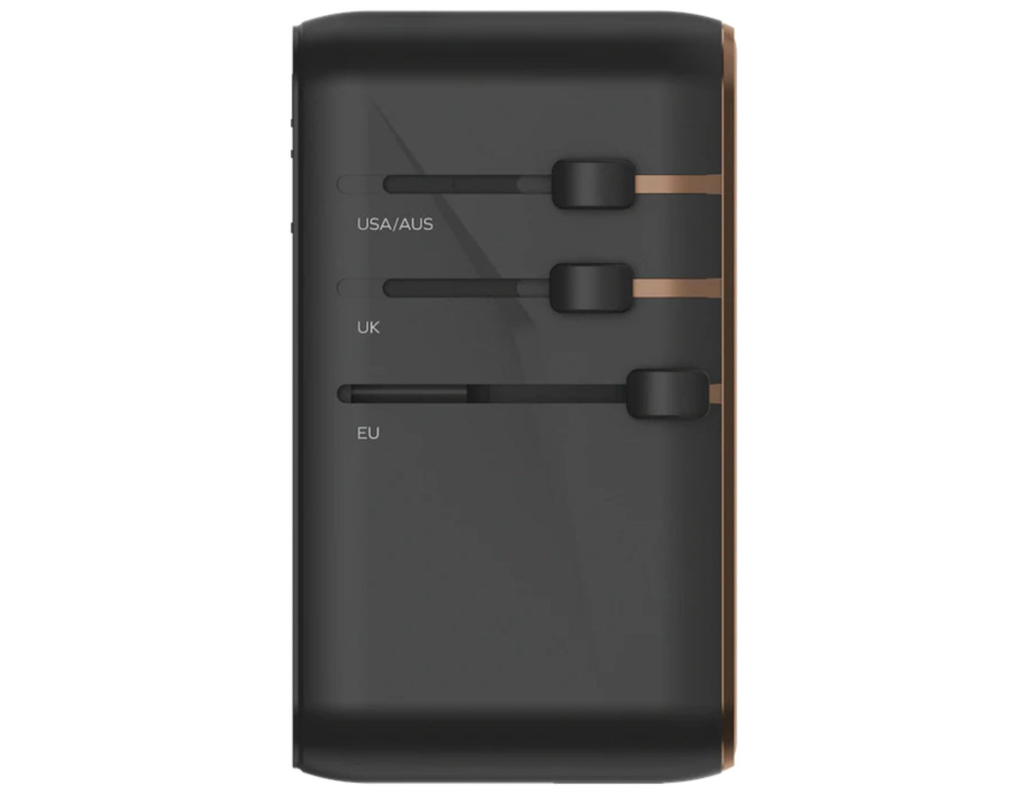 Black travel adapter with multiple plug sockets on a white background