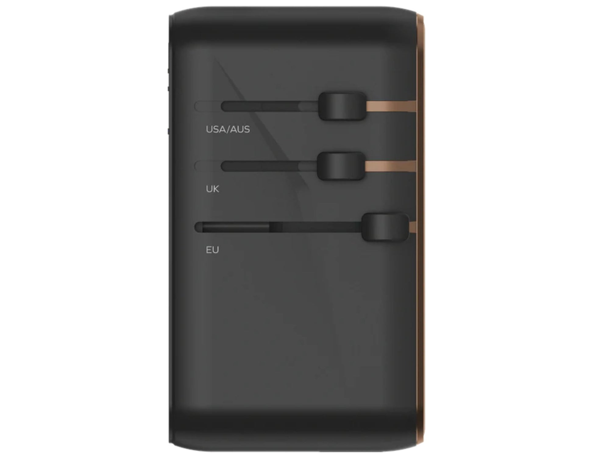 Black travel adapter with multiple plug sockets on a white background