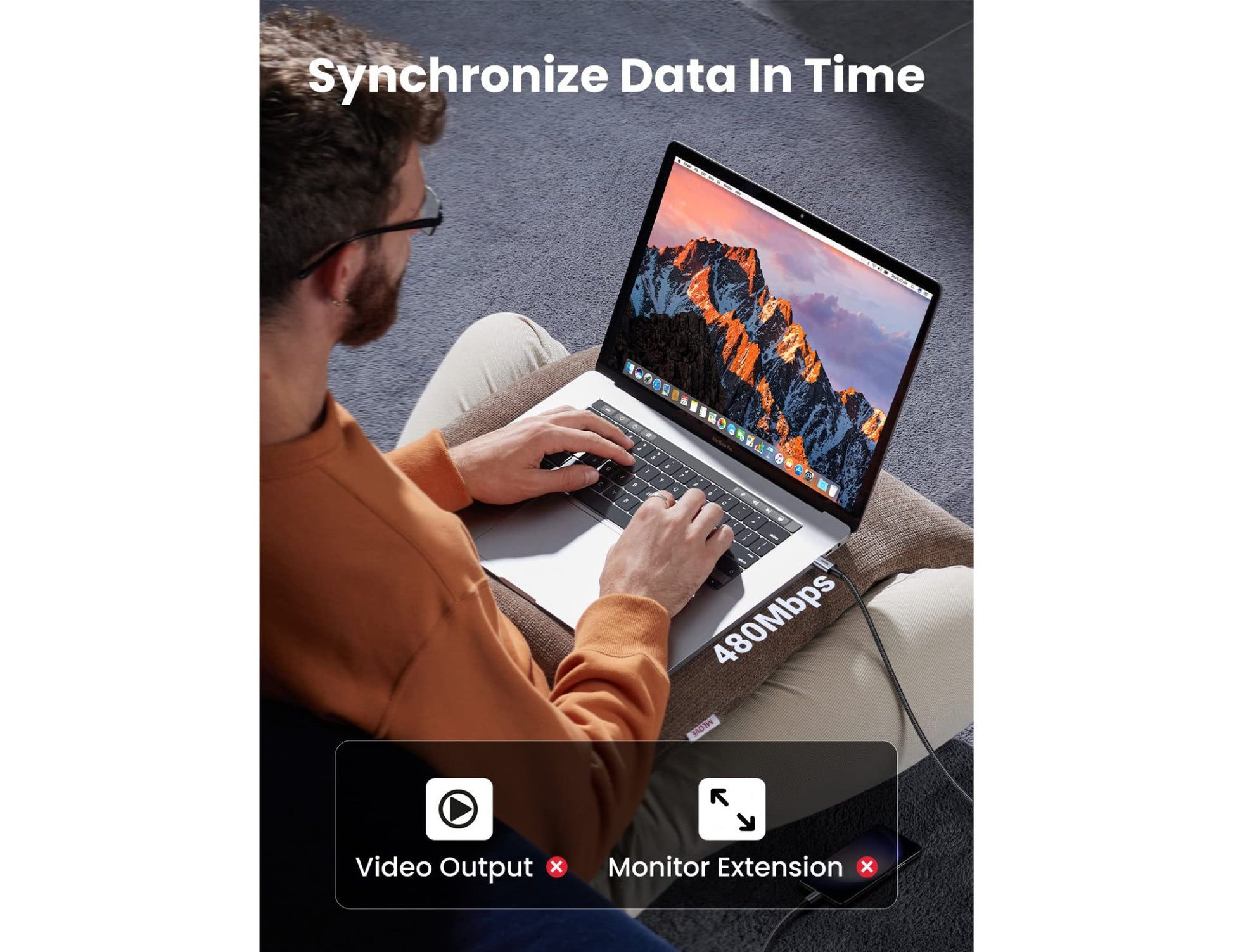Person using a laptop with 'Synchronize Data In Time' text and features displayed.