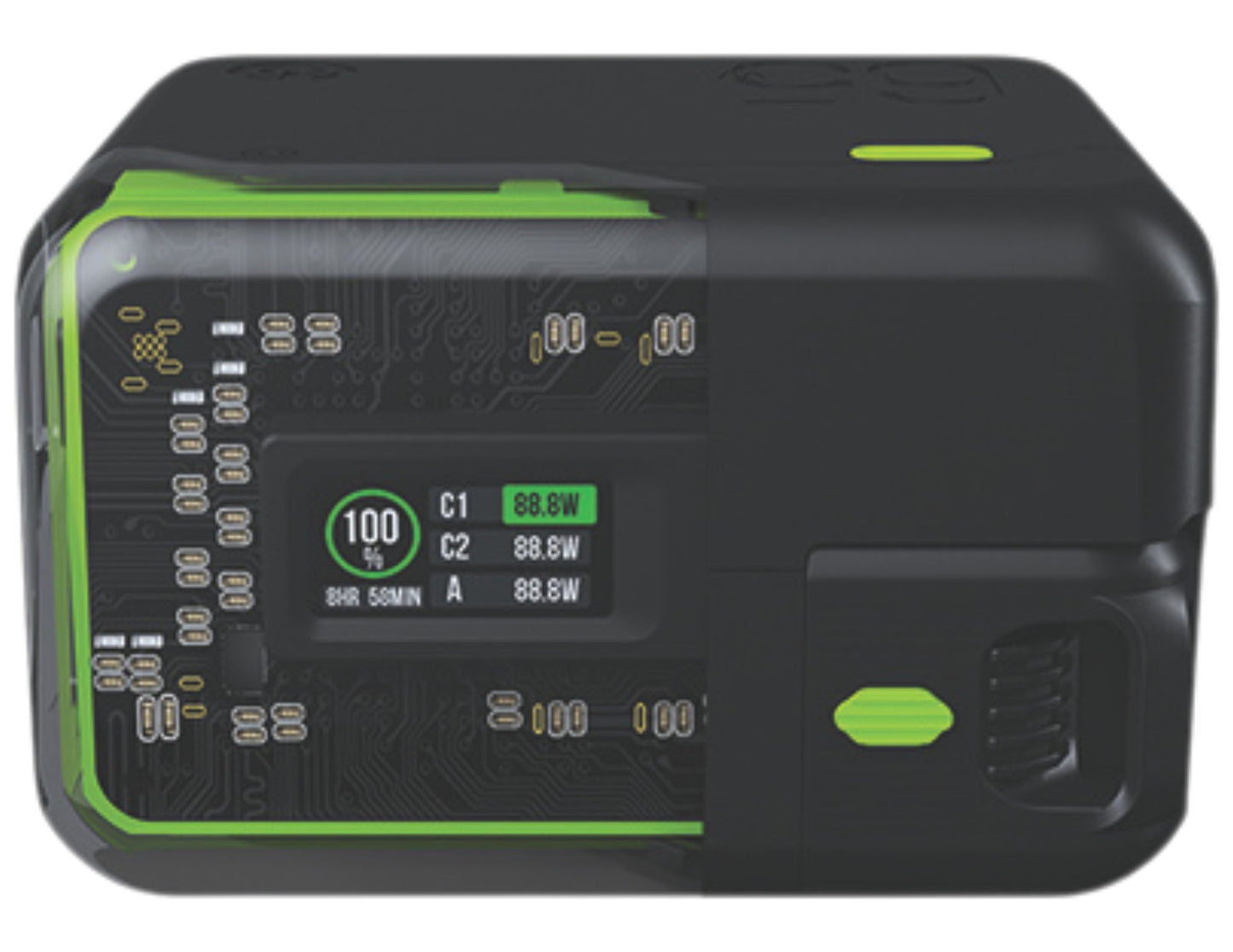A black Goui Titan 65 power bank with a digital display showing battery percentage and power details, with green accents on the corners.