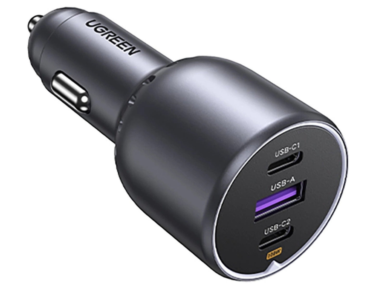 UGREEN 130W Car Charger EC705 - 2 USB-C + USB-A, PD 100W, QC 3.0 (Gray) with multiple USB ports on a white background