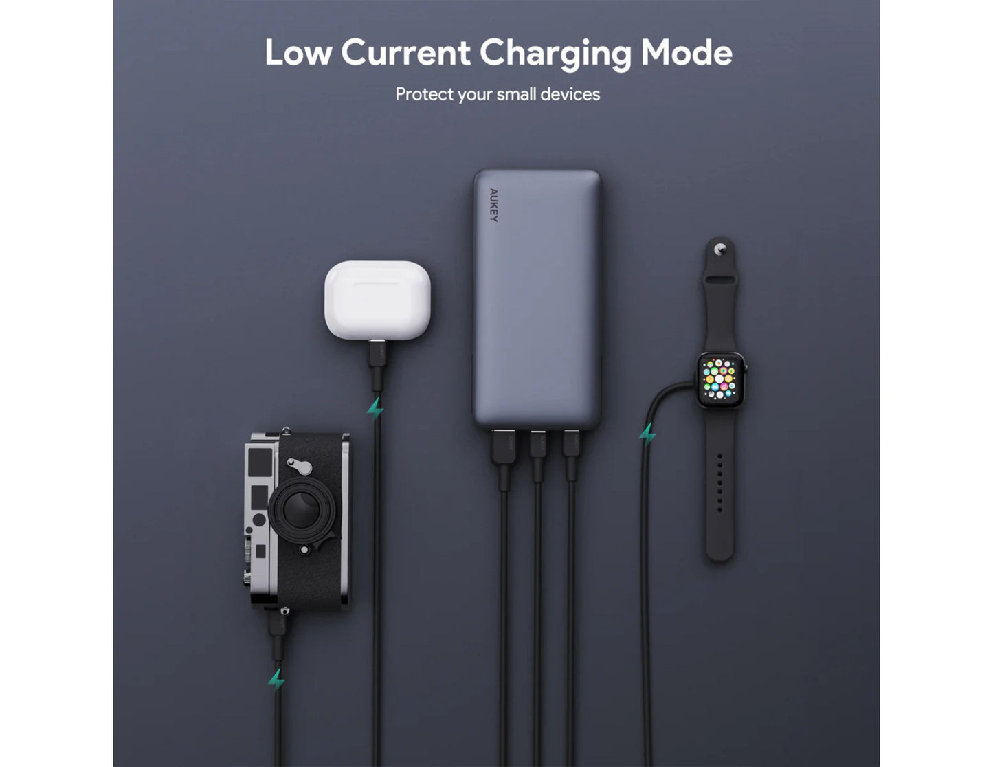 Aukey PB-Y43P Sprint X 130W PD 20K mAh Fast Charging Power Bank with connected devices on a dark gray background