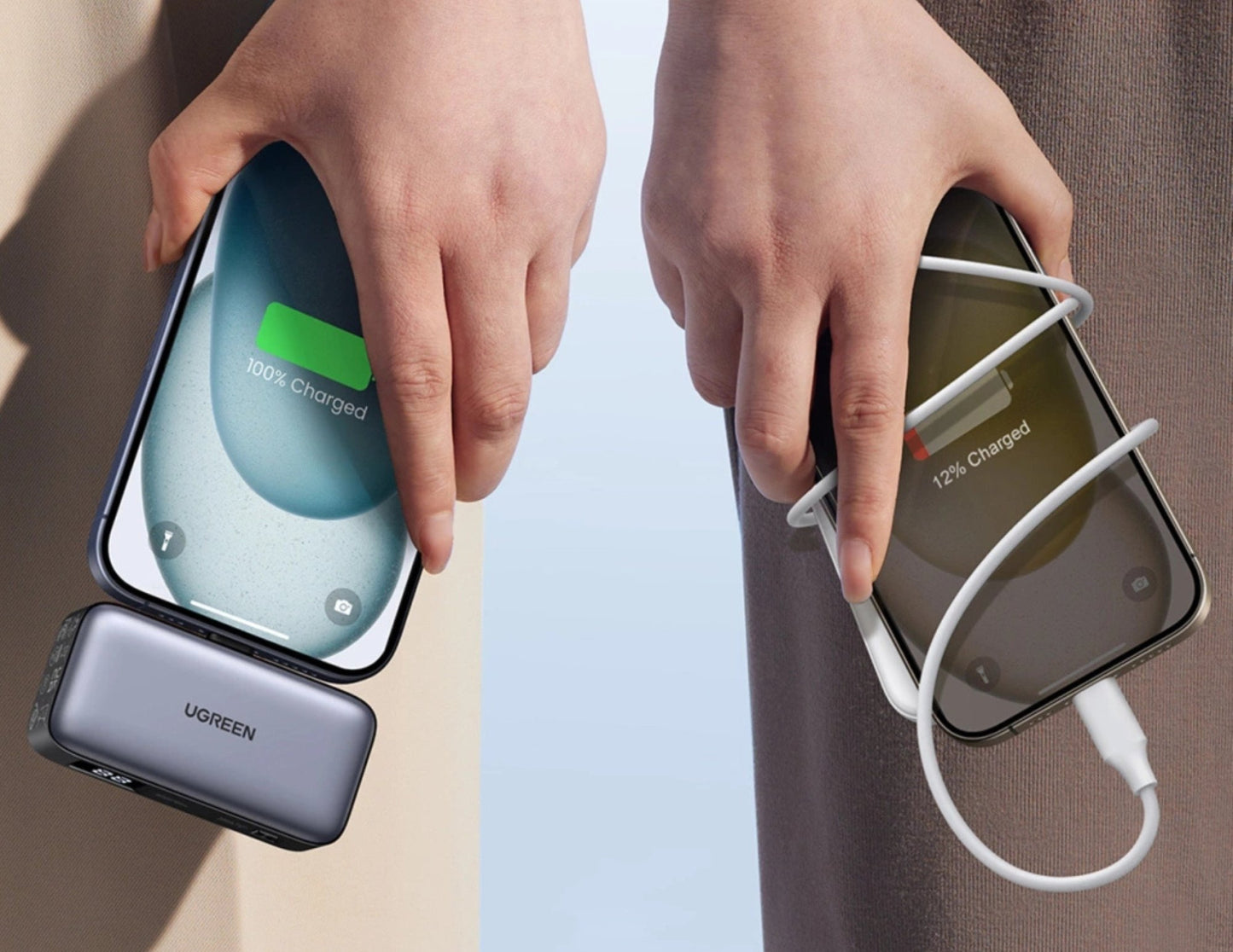 Two hands holding smartphones with UGREEN Nexode 5000mAh 20W Power Bank with Built-in USB-C Connector – PB503, displaying battery charges on screens.