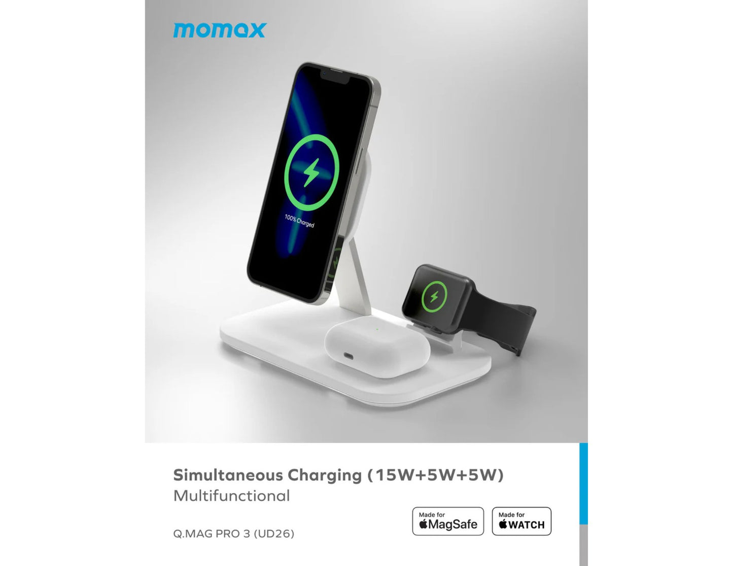 Multifunctional charging stand with phone, watch, and headphones on a gray background