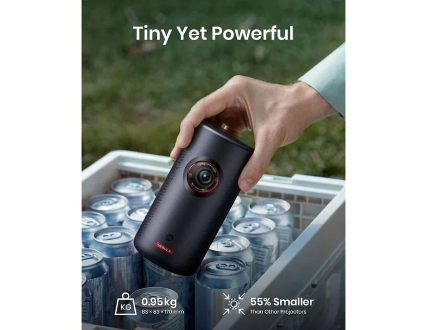 Hand holding a small projector over a crate of cans with text 'Tiny Yet Powerful' and specifications.