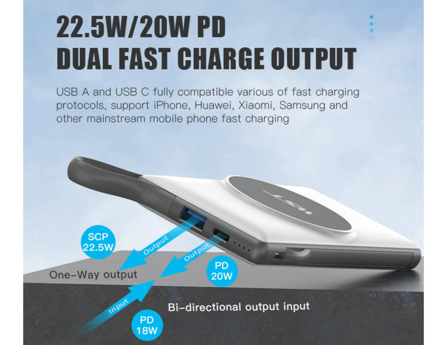 Charging device with fast charge output and compatibility details on a blue background.