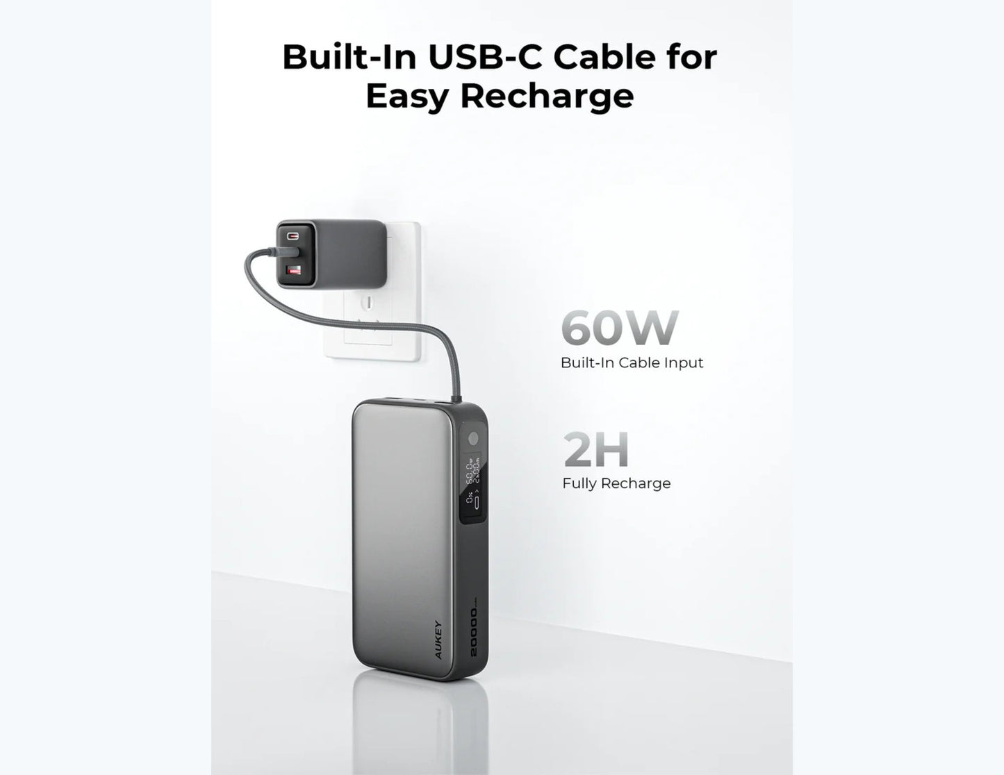 Aukey PB-Y43P Sprint X 130W PD 20000mAh Power Bank – Gray with USB-C cable and charging adapter on a white background