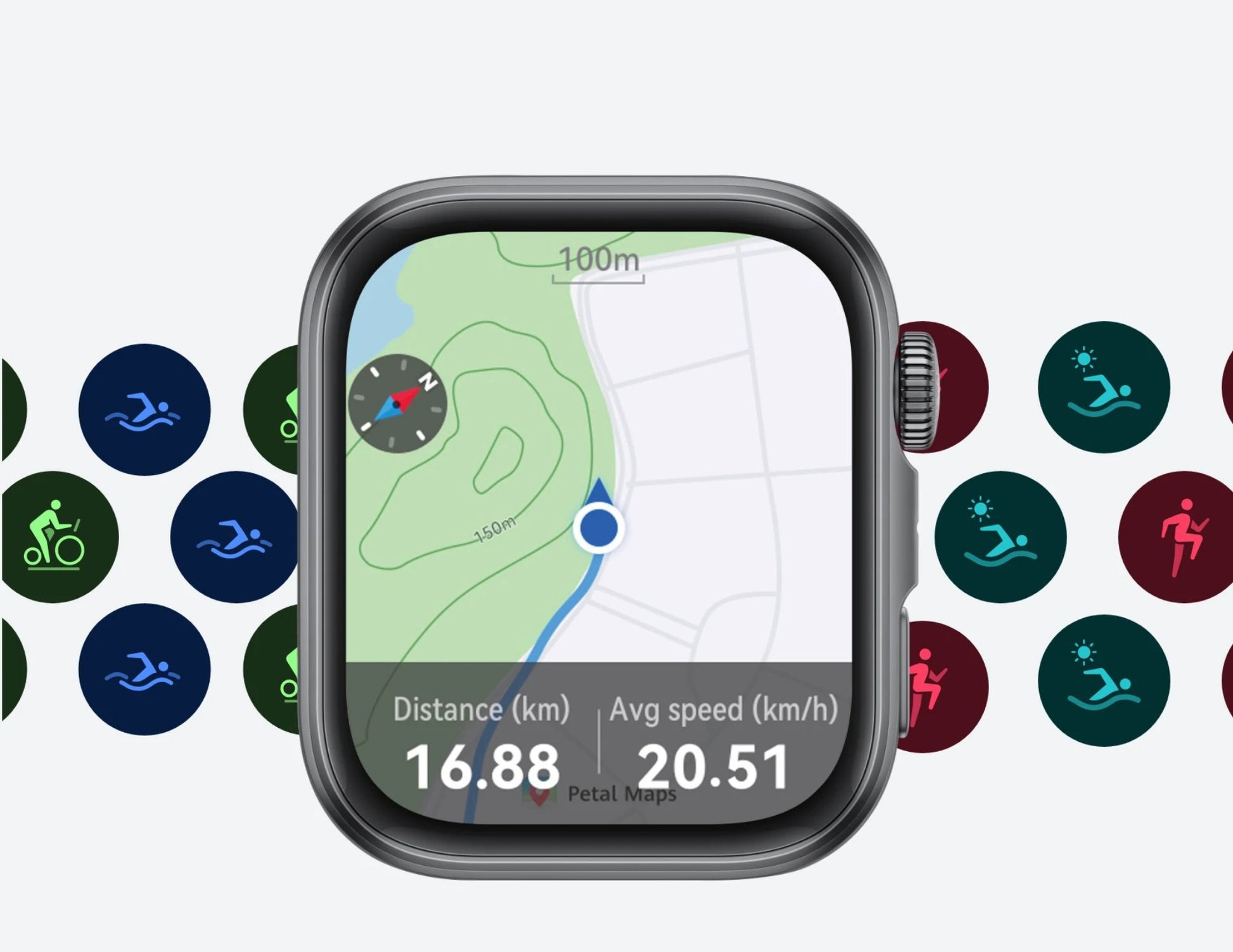 Smartwatch displaying a map with fitness icons on a white background