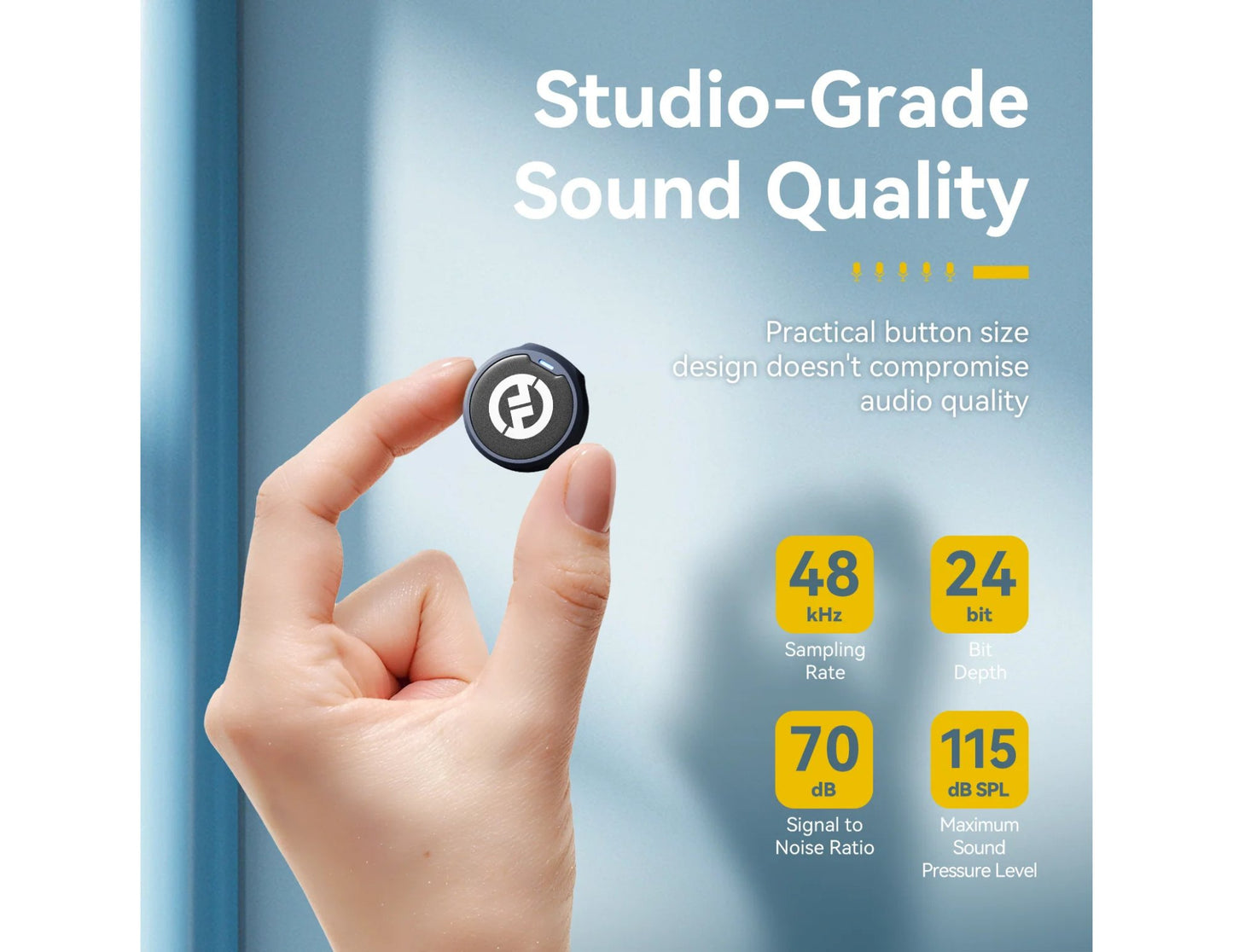 Hand holding a button with studio-grade sound quality features displayed on a gradient blue background.
