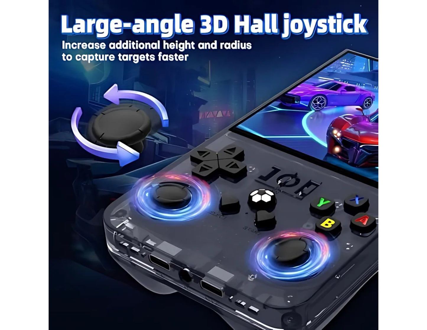 Gaming controller with large-angle 3D Hall joystick on a dark background