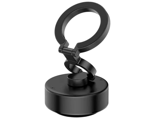 Black metal stand with adjustable arm on a white background