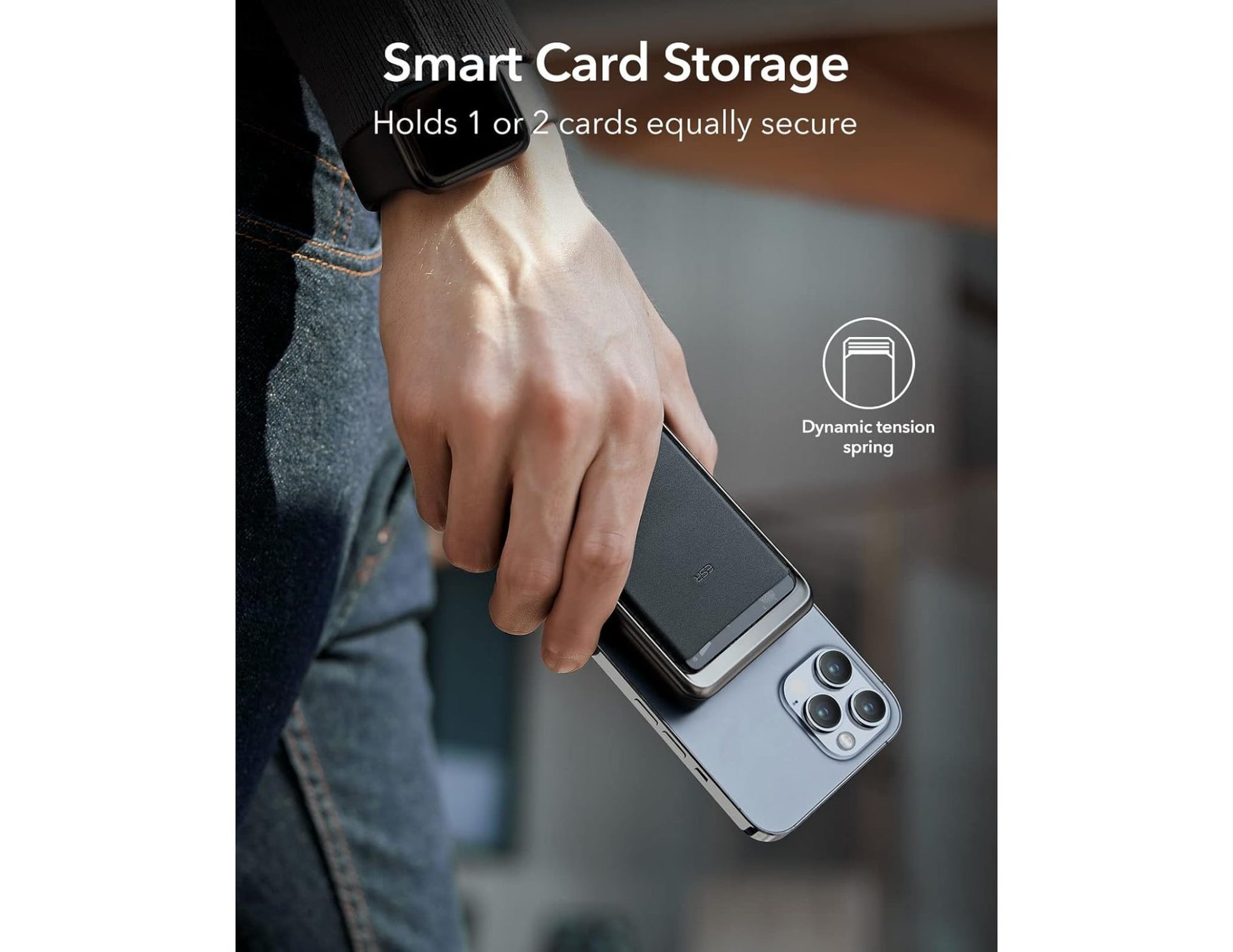 ESR HaloLock Power Bank Wallet 5000mAh with Stand – Black attached to a phone with text highlighting its features.