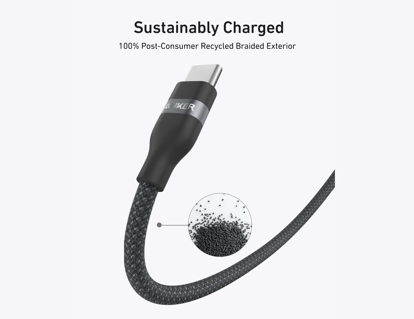 Black charging cable with 'Anker' branding on a white background, featuring text about sustainability.