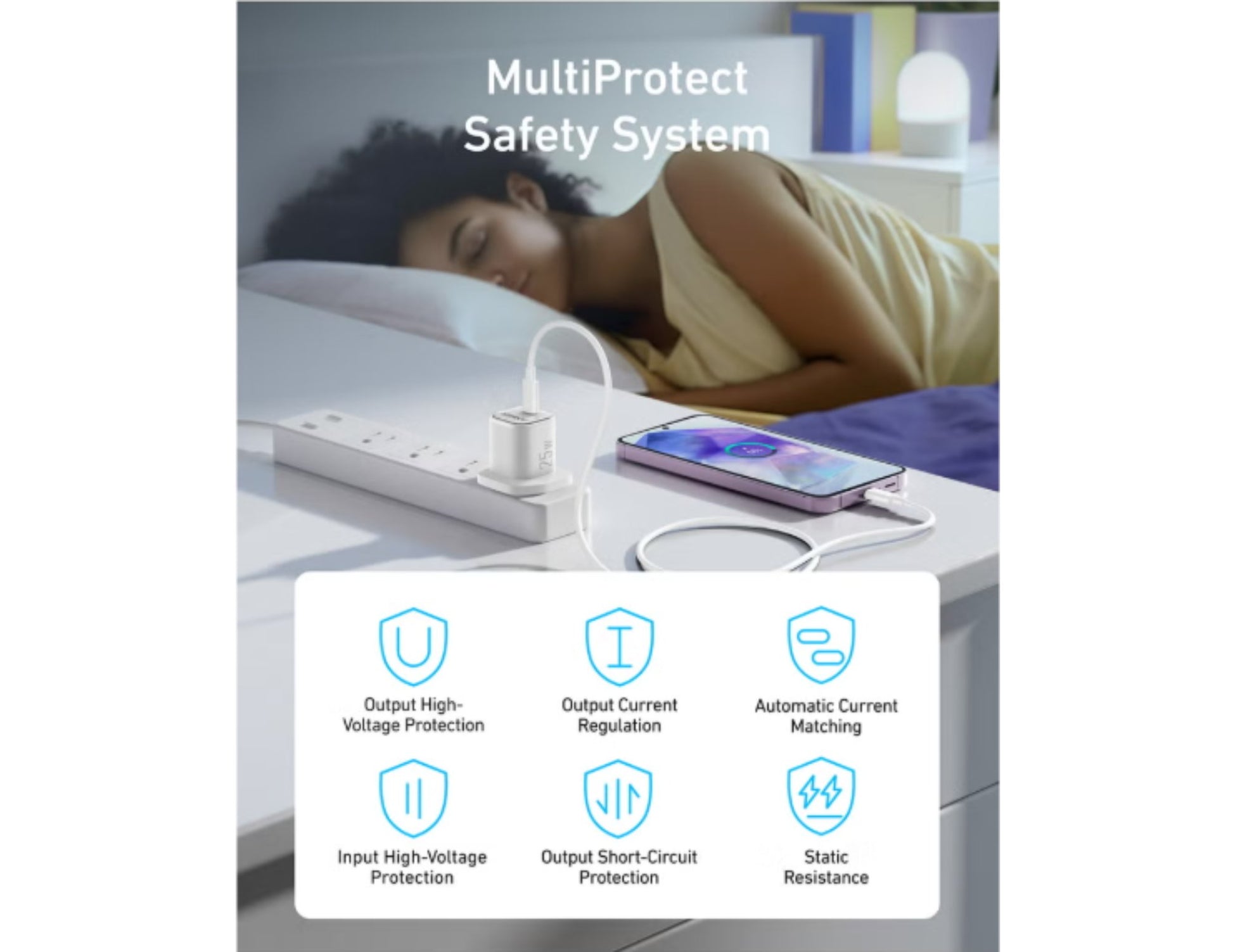 Woman sleeping with a smartphone on a nightstand, featuring the MultiProtect Safety System.