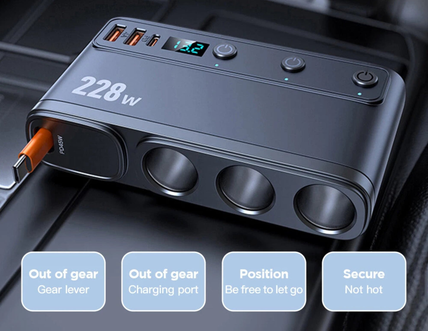Power adapter with multiple ports and digital display on a dark background