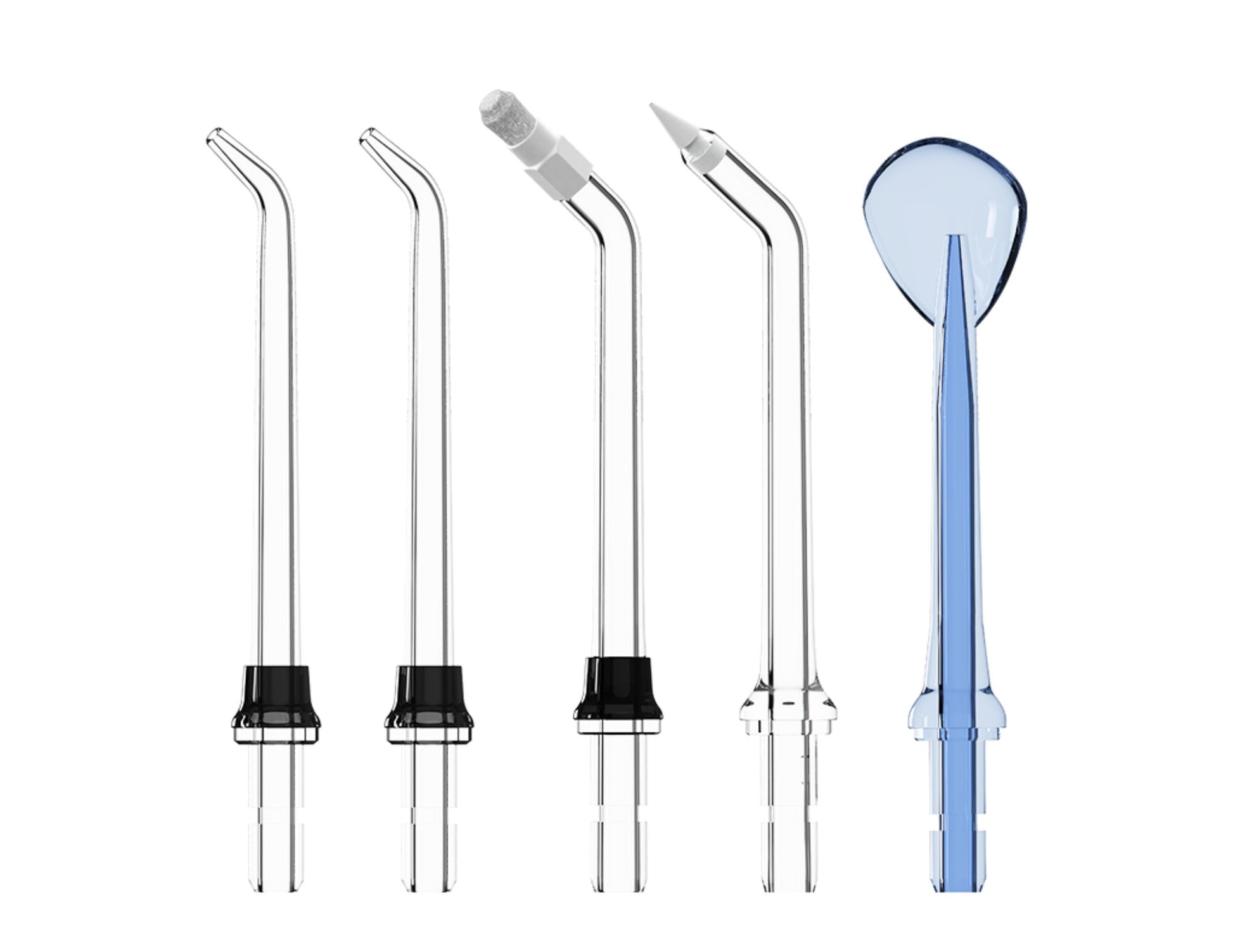 Set of dental irrigation nozzles and a blue mouthpiece on a white background