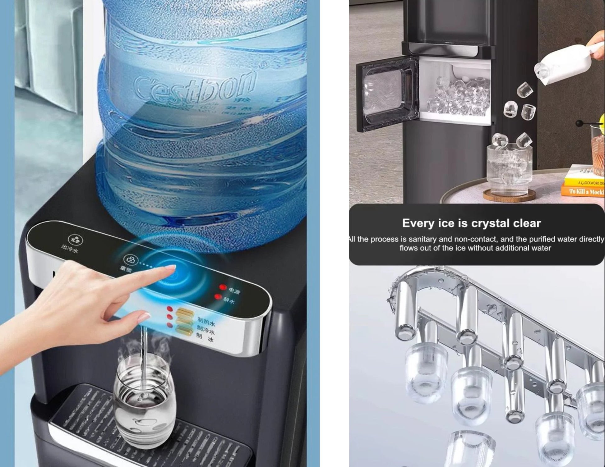 Cesaball water dispenser with ice maker and crystal clear ice cubes.