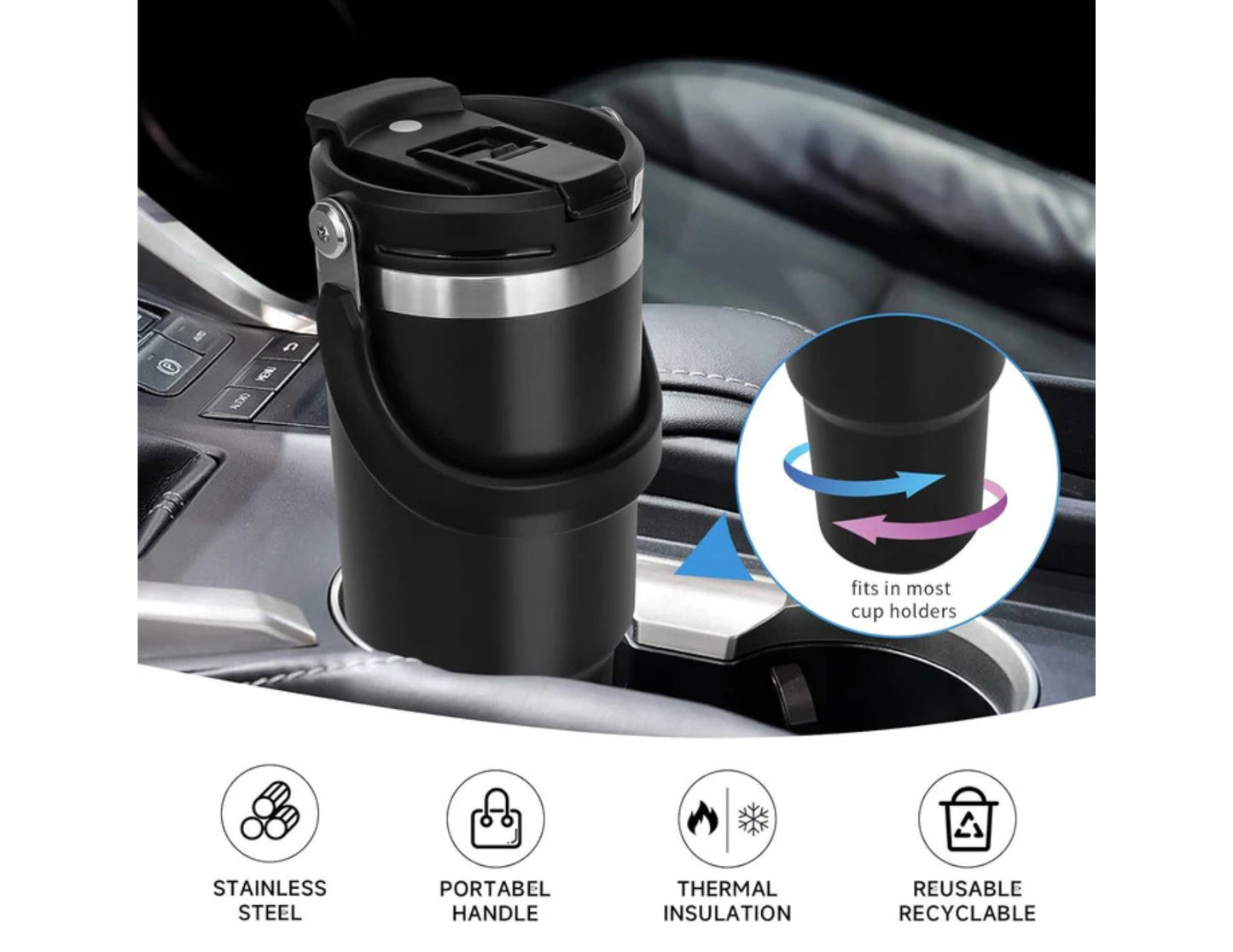Black Tyeso TS-8828 Vacuum Insulated Tumbler 900ML – With Handle & Straw Lid with a car cup holder adapter on a car dashboard.