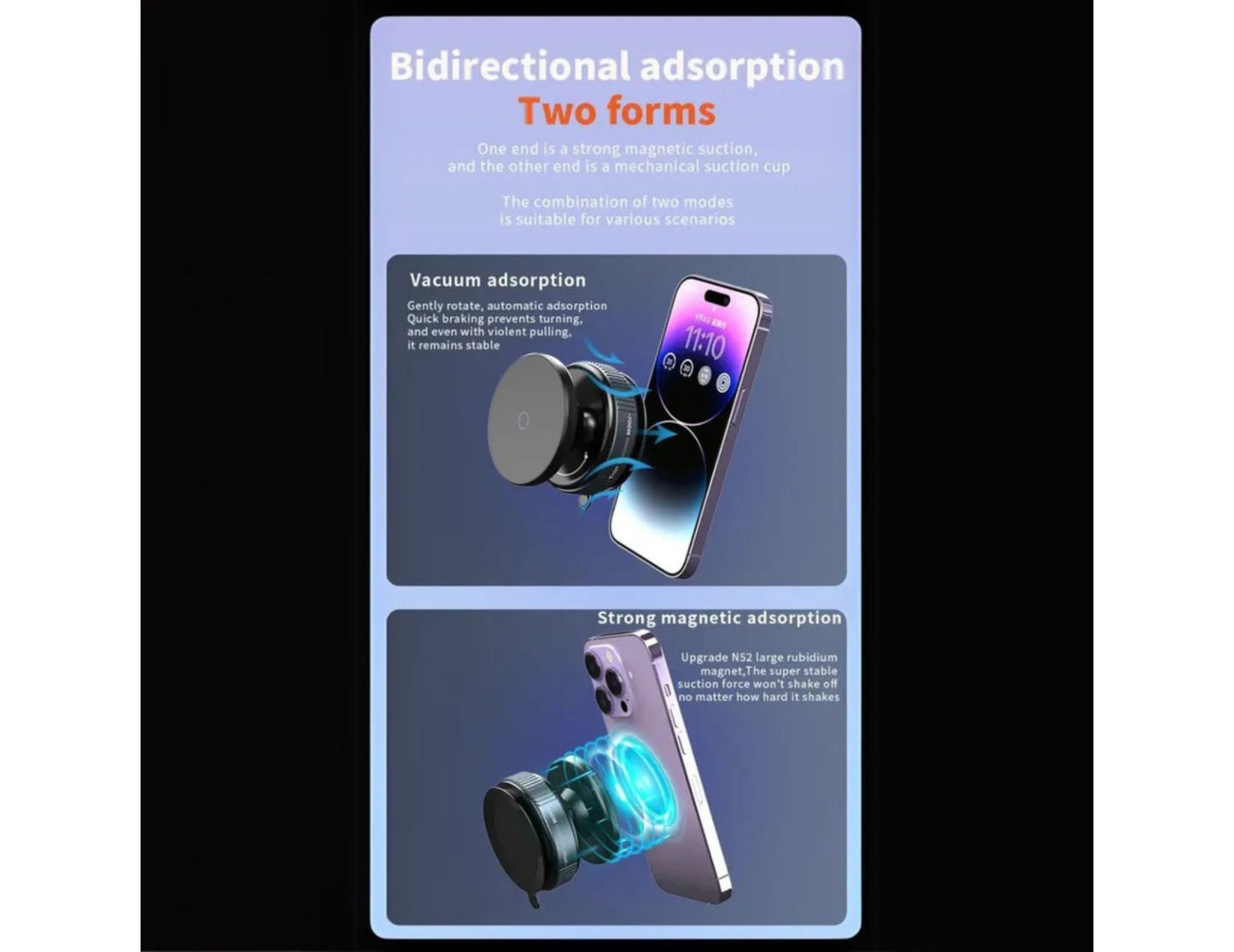 Product advertisement for a magnetic phone holder with two forms of adsorption on a dark background.