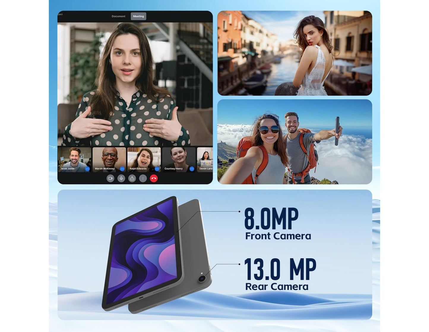 G-Tab PAD11 128GB 4G Tablet – 14GB RAM, 10.95" 90Hz – Android 15.0 with camera specifications and usage scenarios on a blue background