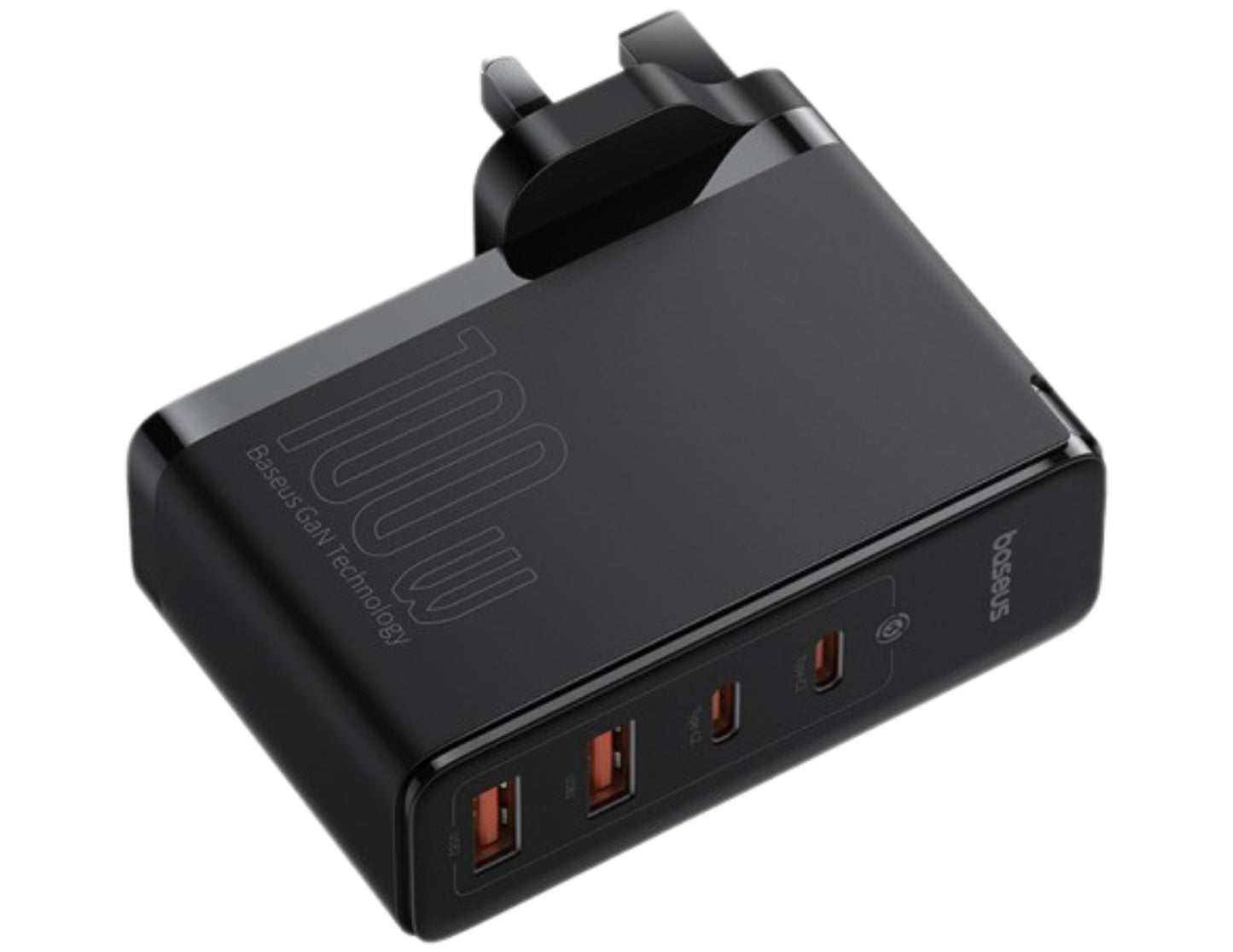 شاحن سريع Baseus GaN5 Pro بقوة ١٠٠ واط وأربعة منافذ P10110829113-00 | قابس المملكة المتحدة + كابل من النوع C بقوة ١٠٠ واط (١ متر) - أسود