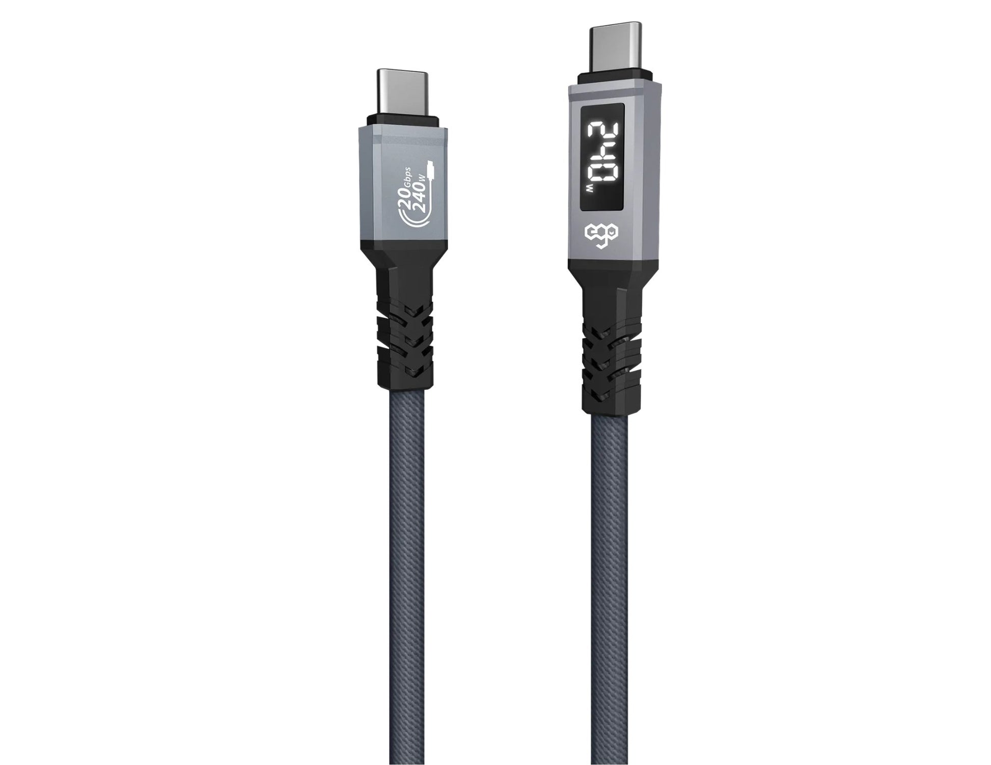 Digital charging cable with display on a white background